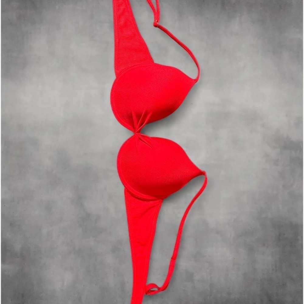 Red Ribbed Padded Bikini Top Sweetheart Twist Front Adjustable Straps
